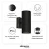 Aluminum outdoor wall light with changeable light source, elegant design in black.