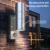 Outdoor wall light with motion detector, IP65 protection against water and dust.