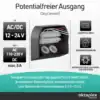 Potentialfreier Ausgang: Versorgung 12–24 V AC/DC, schaltet DC und 110–230 V AC bis max. 5 A – Klemmen K1, K2, Plus und Minus