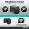 Sensorkopf horizontal um 90° drehbar und vertikal um 45° schwenkbar – Maße 78 × 50 mm, Kabelzuführung aus der Wand oder Aufputz