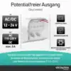 Potentialfreier Ausgang: Versorgung 12–24 V AC/DC, schaltet DC und 110–230 V AC bis max. 5 A – Klemmen K1, K2, Plus und Minus