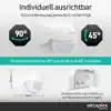 Sensorkopf horizontal um 90° drehbar und vertikal um 45° schwenkbar – Maße 78 × 50 mm, Kabelzuführung aus der Wand oder Aufputz