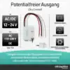 Potentialfreier Ausgang: Versorgung 12–24 V AC/DC, schaltet DC und 110–230 V AC bis max. 5 A