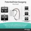 Potentialfreier Ausgang: Versorgung 12–24 V AC/DC, schaltet DC und 110–230 V AC bis max. 10 A