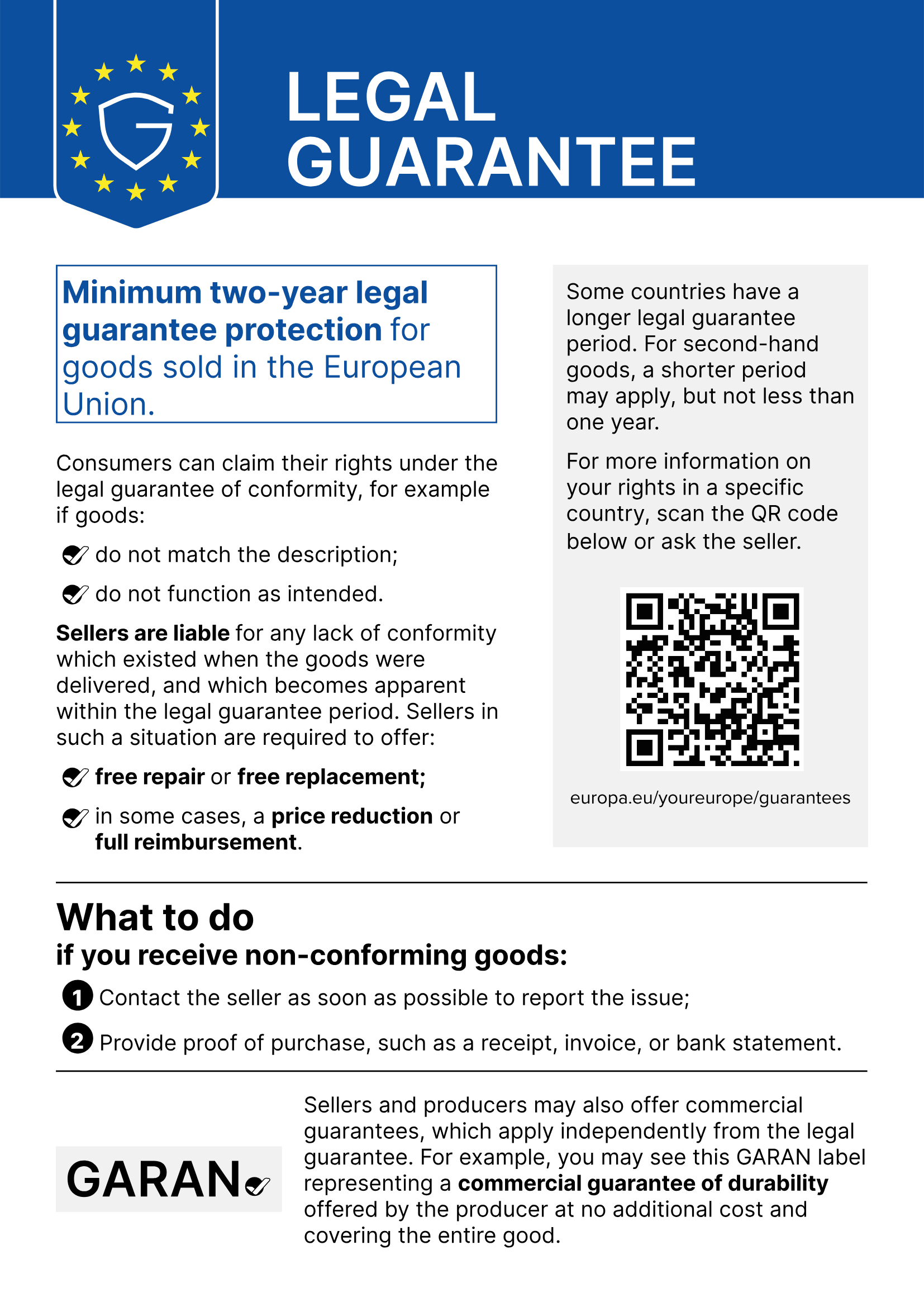 EU notice "Legal guarantee": minimum two-year legal guarantee for goods sold in the EU, your rights if goods are non-conforming and what to do.