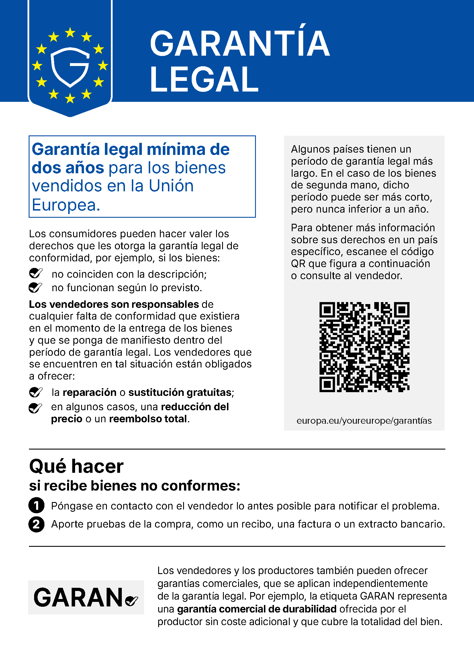 Aviso de la UE «Garantía legal»: garantía legal mínima de dos años para los bienes vendidos en la UE, sus derechos ante bienes no conformes y qué hacer.