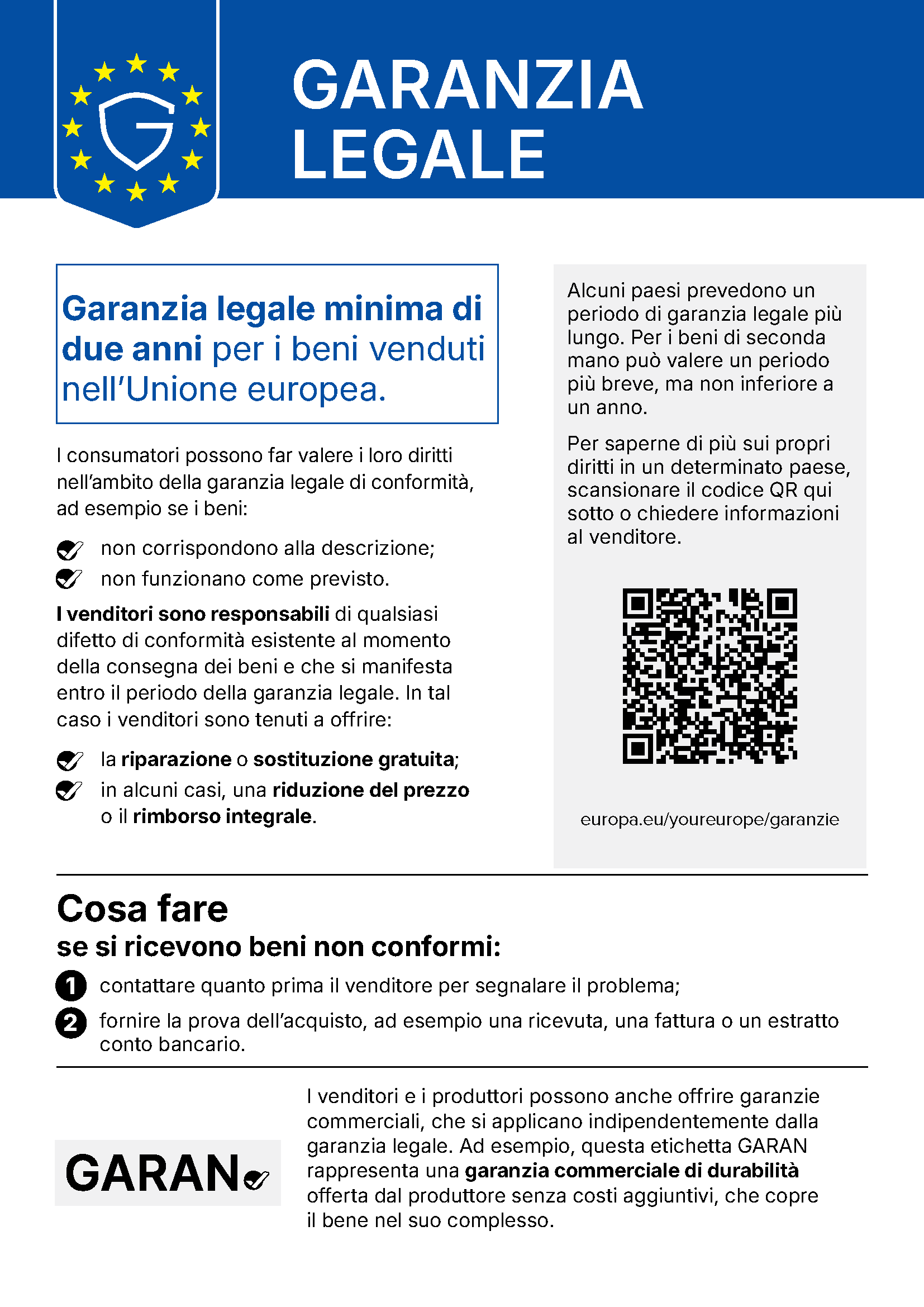 Avviso UE «Garanzia legale»: garanzia legale di almeno due anni per i beni venduti nell’UE, i diritti in caso di difetto di conformità e cosa fare.