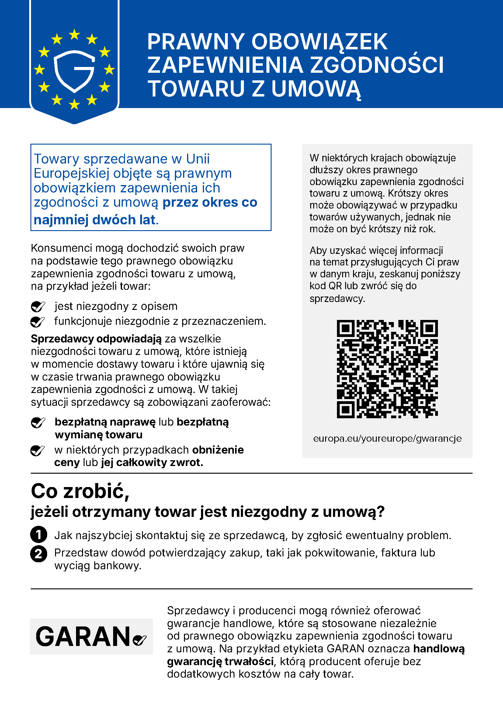 Informacja UE: prawny obowiązek zapewnienia zgodności towaru z umową przez co najmniej dwa lata dla towarów sprzedawanych w UE, prawa konsumenta i co należy zrobić.
